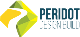 A logo for peridot design build with a yellow and green diamond.