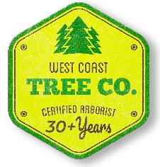 A yellow and green sign that says west coast tree co.