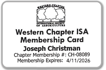 Membership card for Joseph Christman, Western Chapter ISA. Expires 4/11/2026, with tree logo.