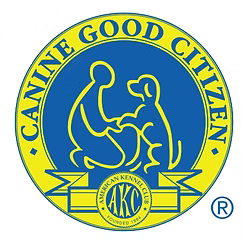 A blue and yellow circular American Kennel Club logo depicting a person kneeling next to a dog.