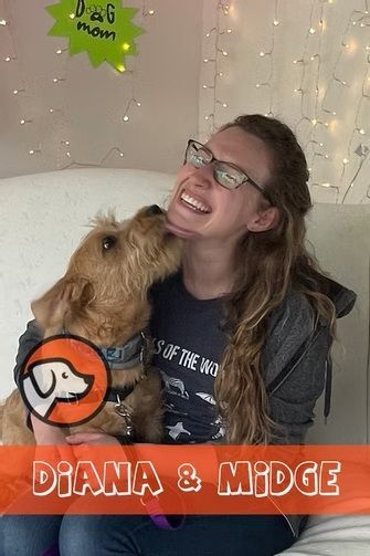 A person smiling as a small, scruffy tan dog nuzzles their chin. Text overlay reads 