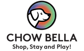 Logo for "Chow Bella": a white dog silhouette inside a multicolored circle with text below: "Shop, Stay and Play!"