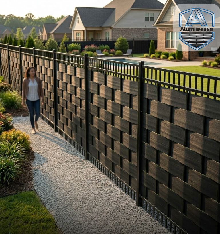 A person walks along a gravel path next to a decorative black woven aluminum privacy fence in a suburban backyard.