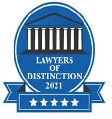 Lawyers of Distinction award badge, blue with white pillars, five stars, and 2021 date.