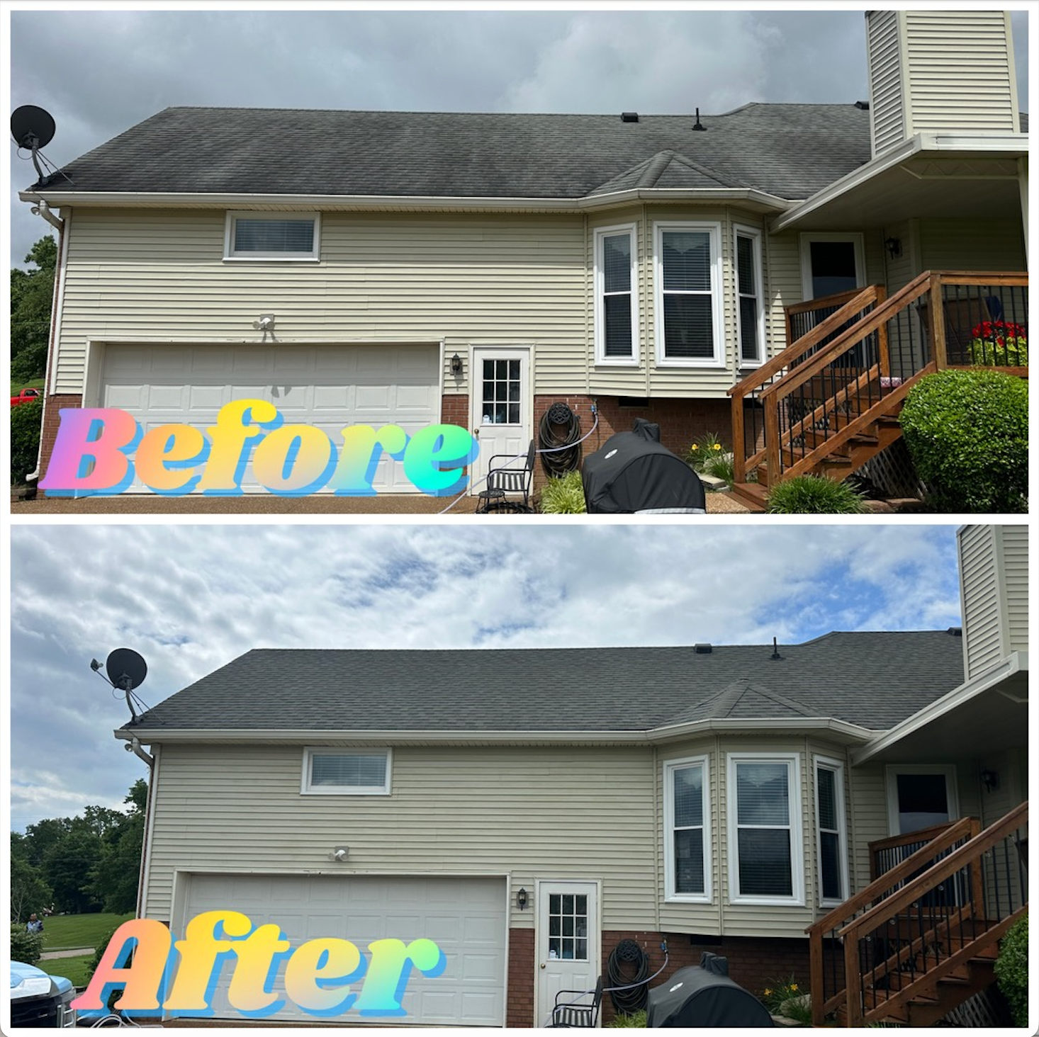 Before and after of a house with a clean roof. The roof is dark and the house is beige.