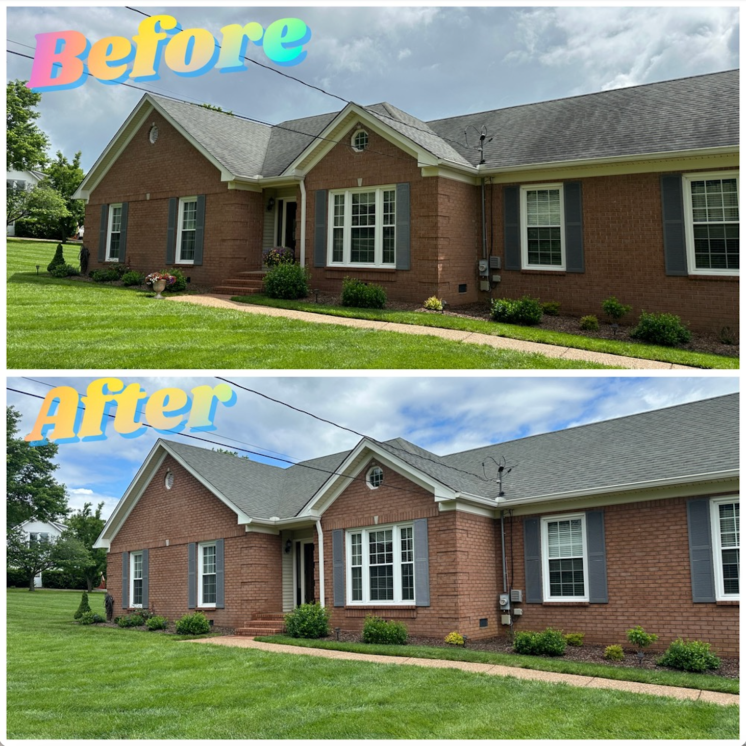 Before-and-after of a brick house. Before: House has mossy roof and dull brick. After: Clean roof, vibrant brick, tidy yard.