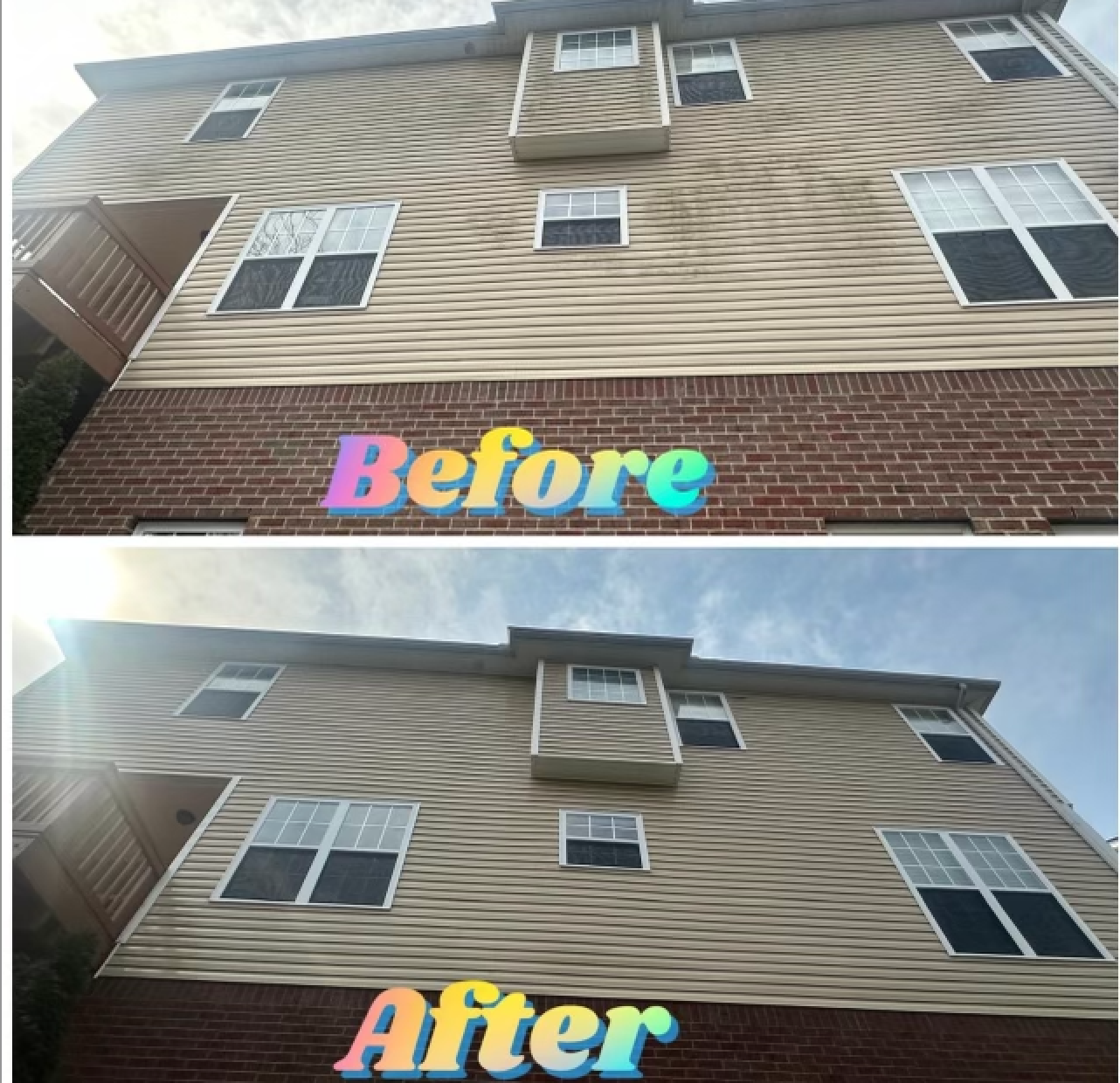 Before and after comparison of a building's exterior siding. The top shows a dirty building, the bottom one is cleaned.