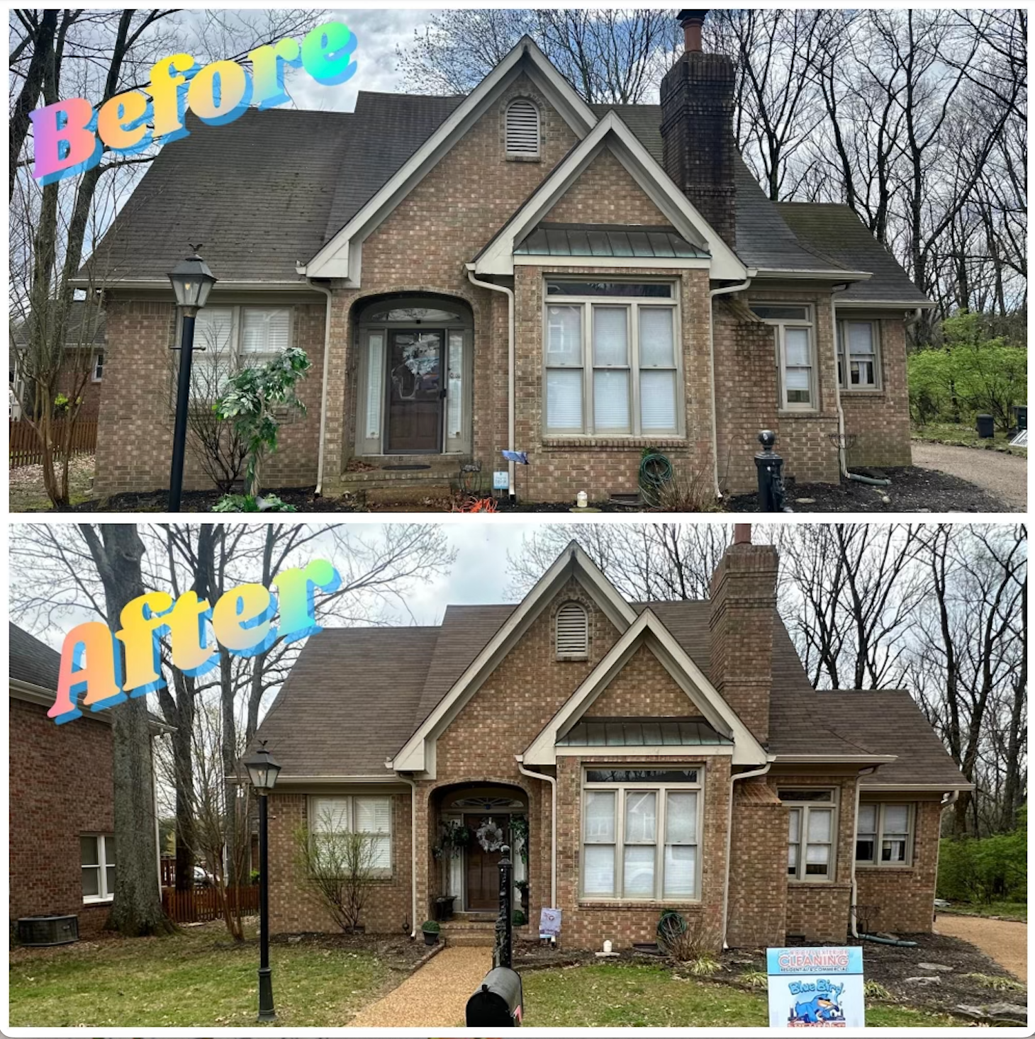 Before and after of a brick house roof cleaning. Roof changes from green/brown to clean brown.