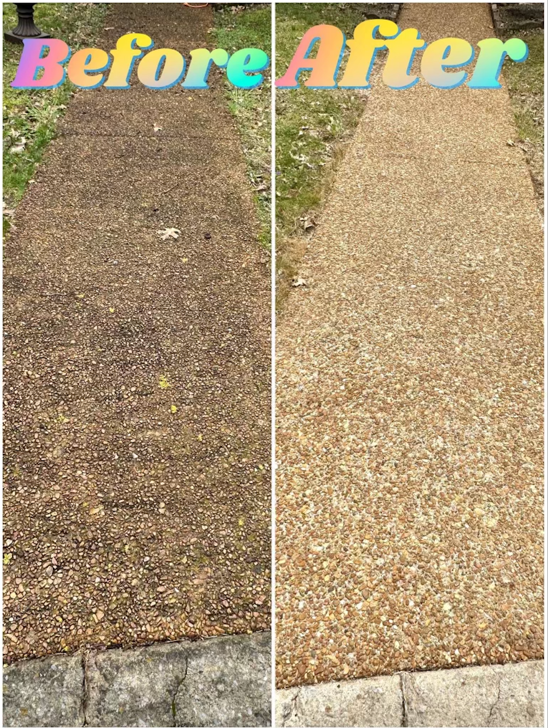 Before and after view of a stone pathway; left side is dirty, right side is clean.