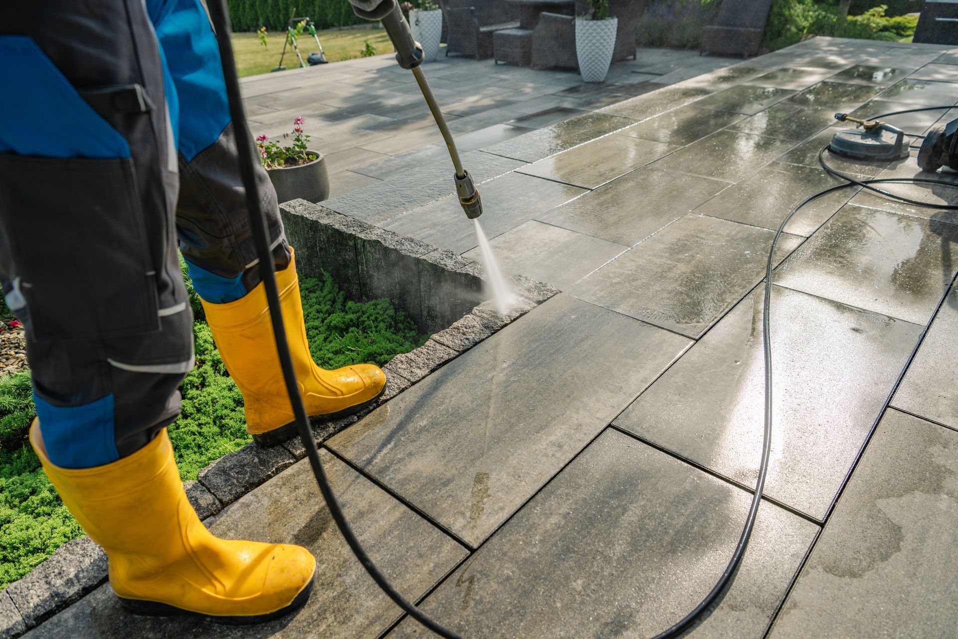 Person in yellow boots pressure washing a stone patio.