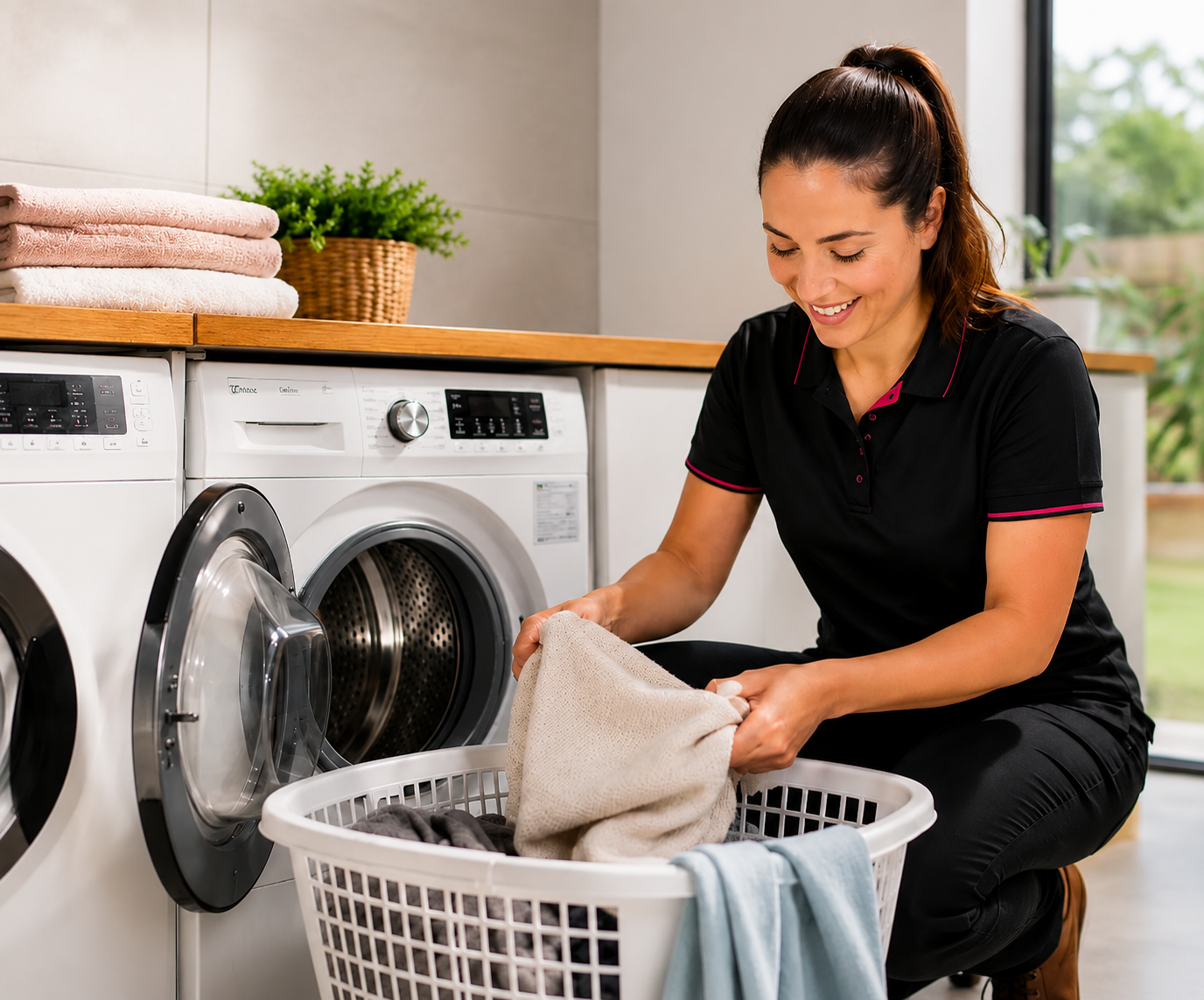 Woman loading towels into a laundry basket beside a washer and dryer in a bright laundry room