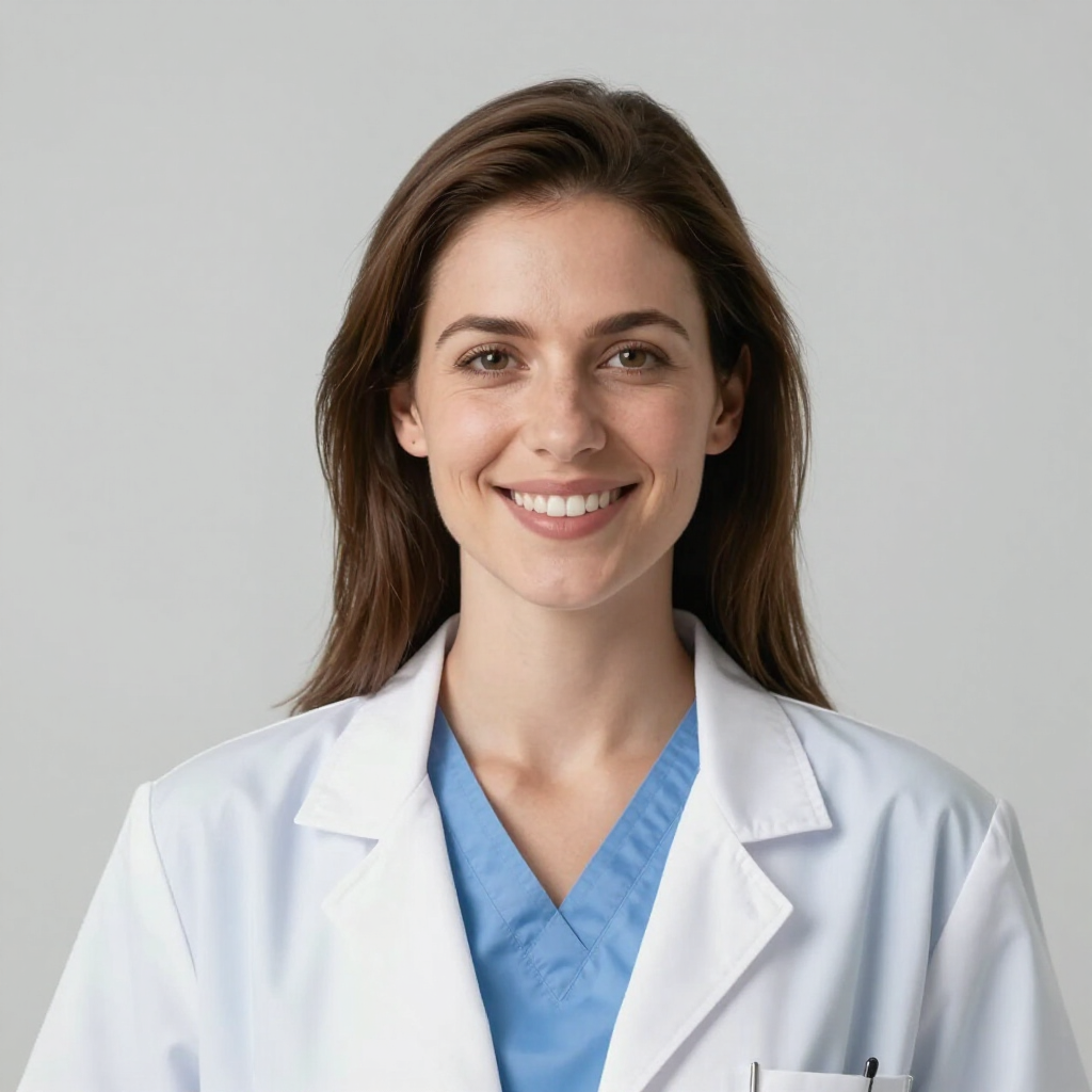 Smiling doctor in white coat and blue scrubs against a plain gray background