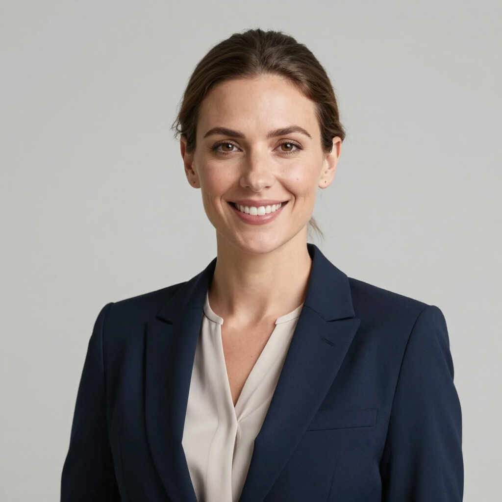 Smiling professional in a navy blazer against a light gray background