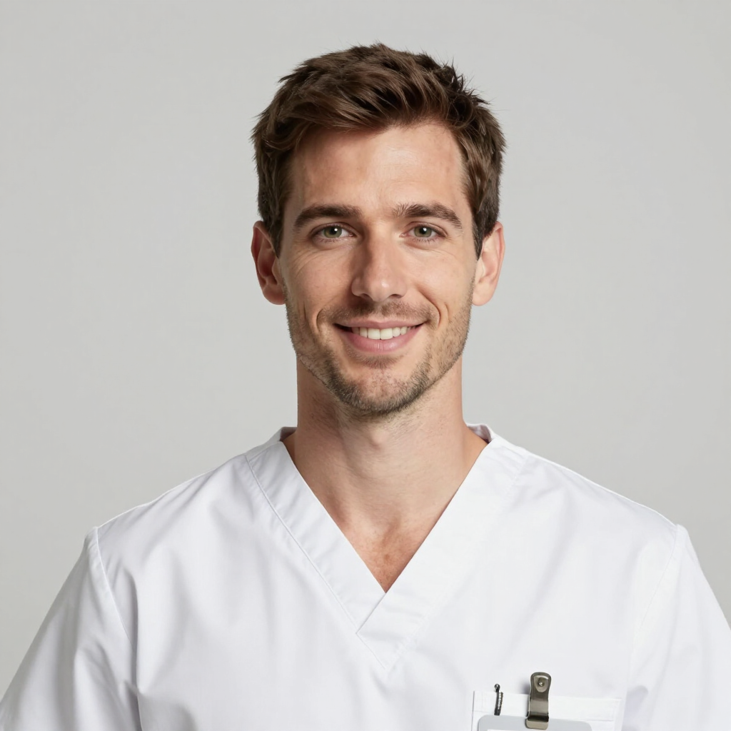 Smiling healthcare worker in white scrubs against a light gray background