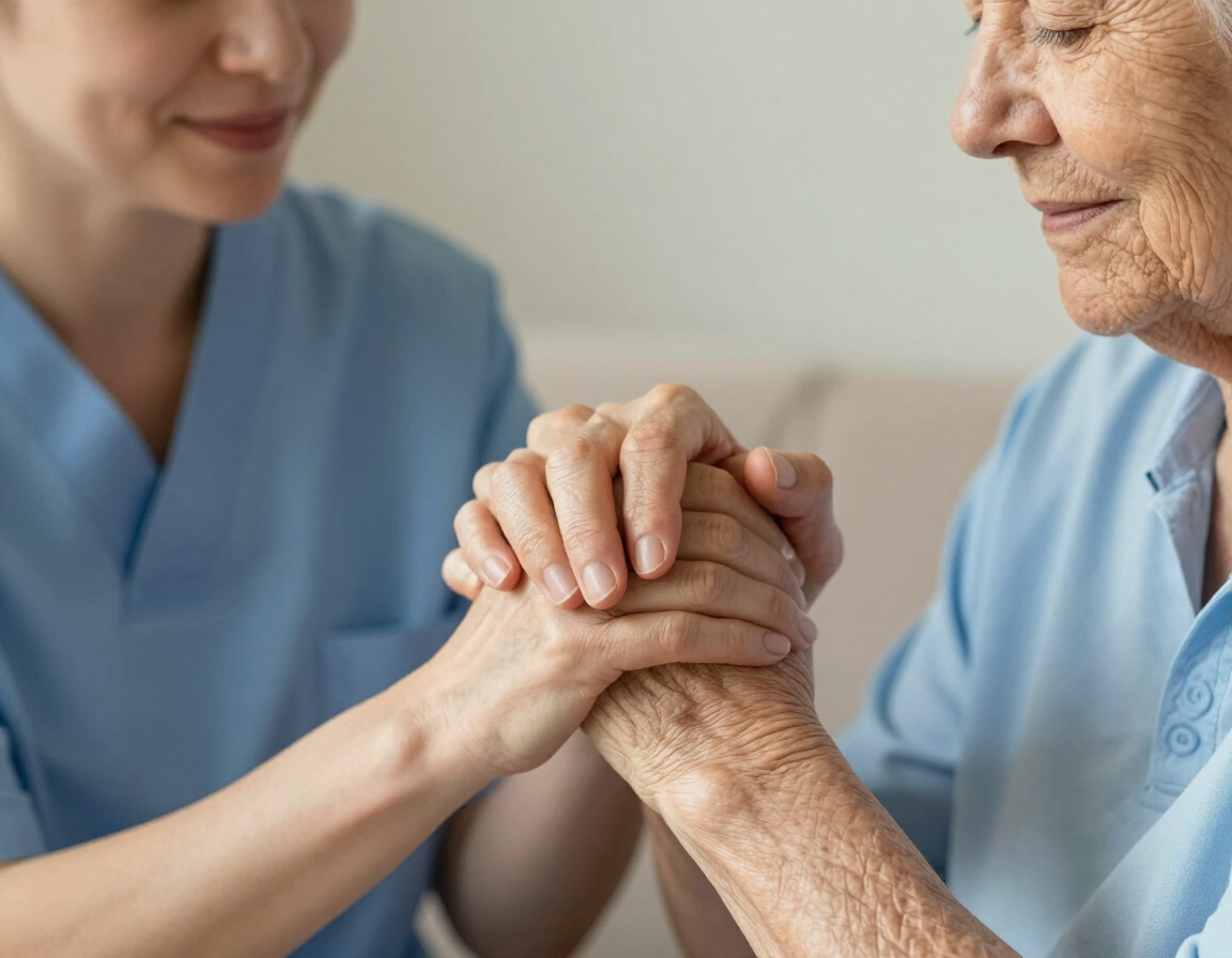 Two caregivers gently holding a patient’s hands in a supportive gesture