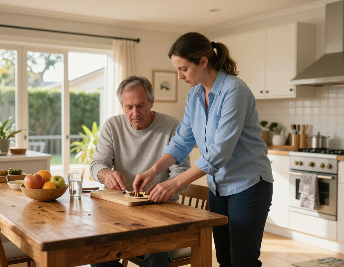 Man and woman slicing bread at a wooden kitchen table in a bright, sunlit kitchen