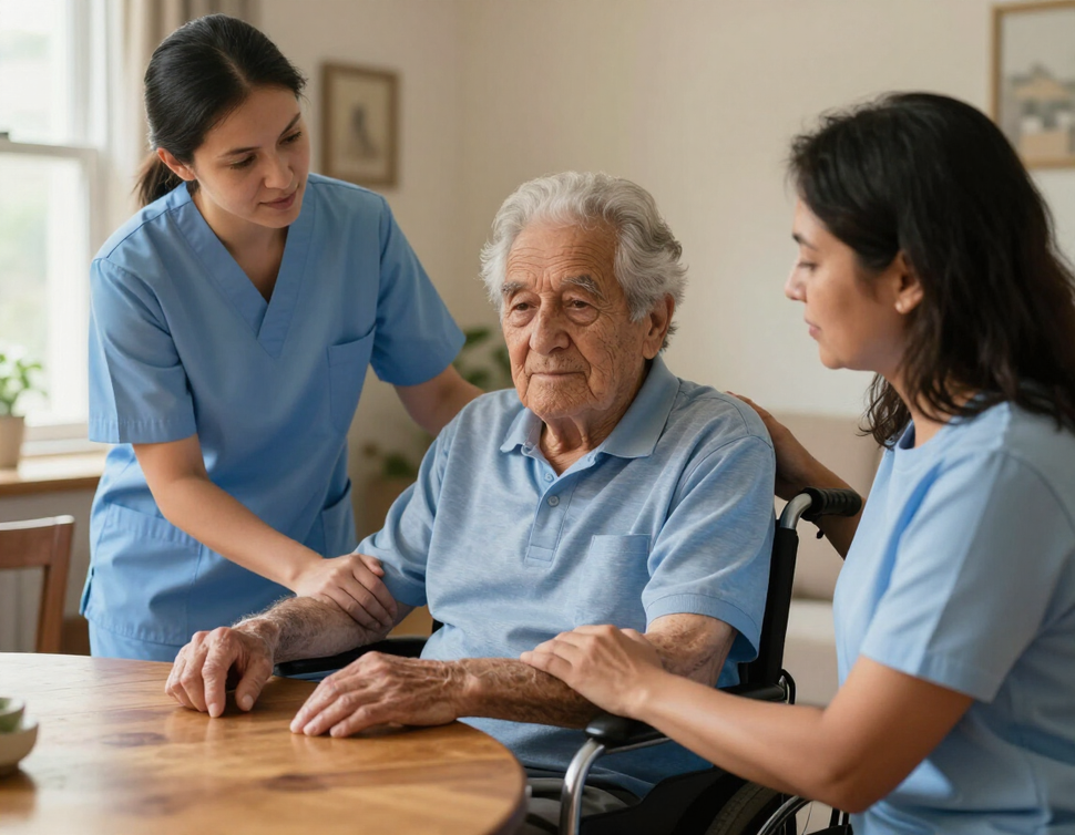 Caregiver assisting an elderly man at a table while another nurse speaks beside him in a home setting