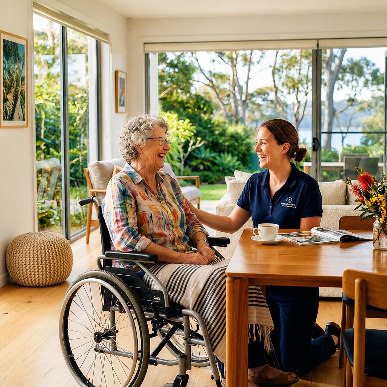 Caregiver smiling beside woman in wheelchair at a table by a bright window with garden view