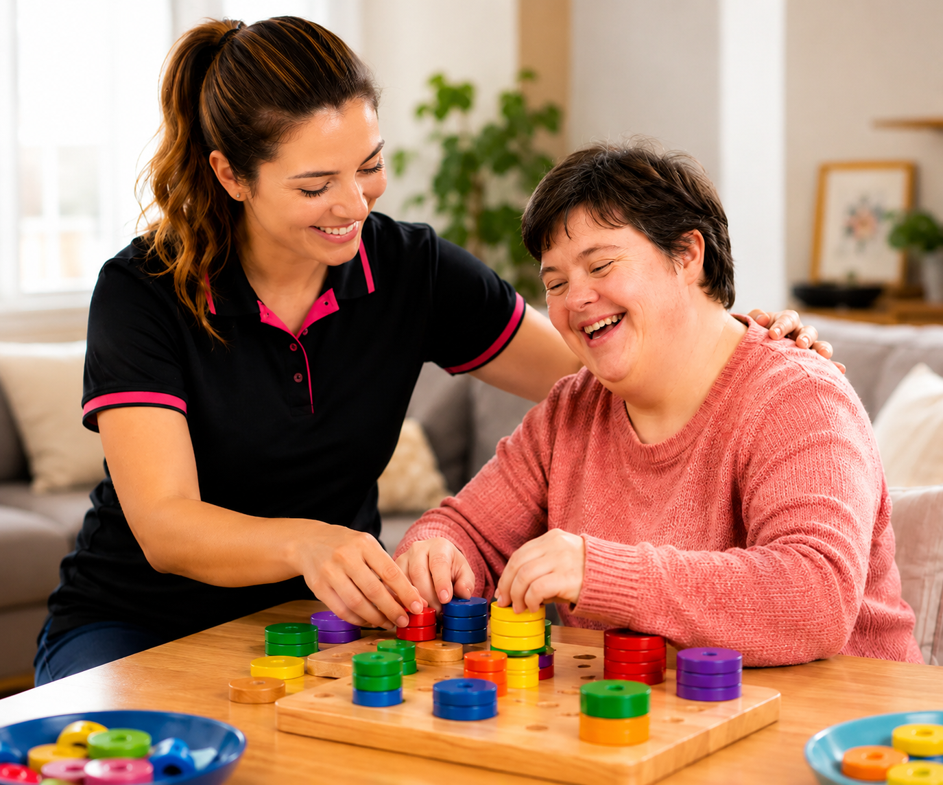 Caregiver helping a person play with colorful stacking rings at a table in a bright room