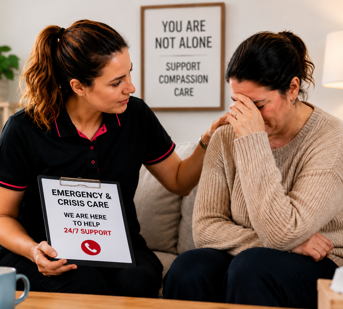 Counselor comforts a distressed person holding a crisis help sign in a support group setting