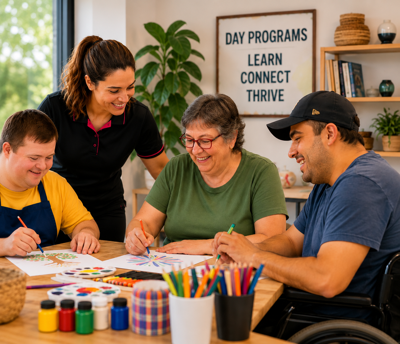 People making colorful crafts at a table in a community day program room