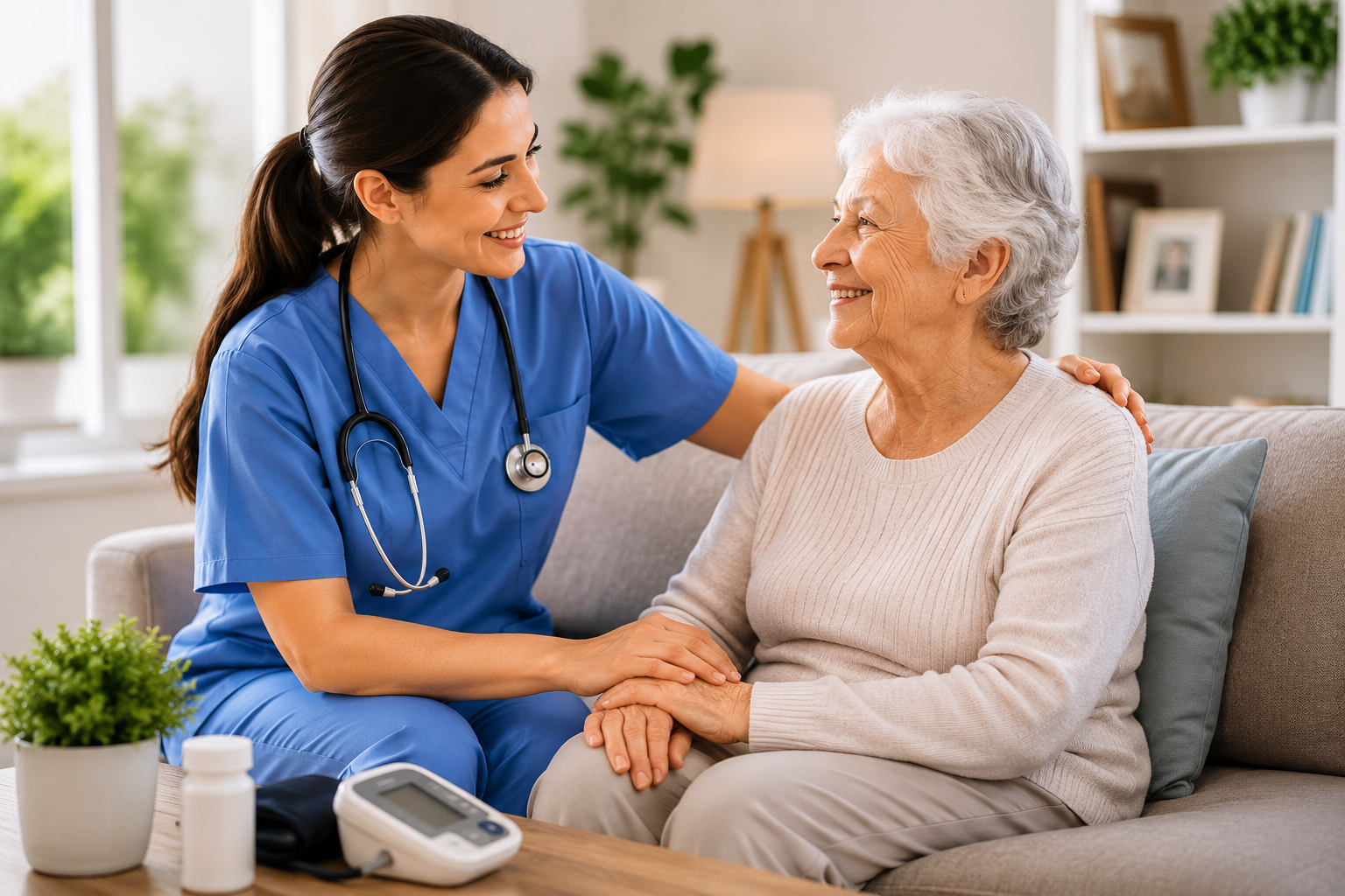 Nurse in blue scrubs smiling beside an elderly woman on a couch, checking her blood pressure at home