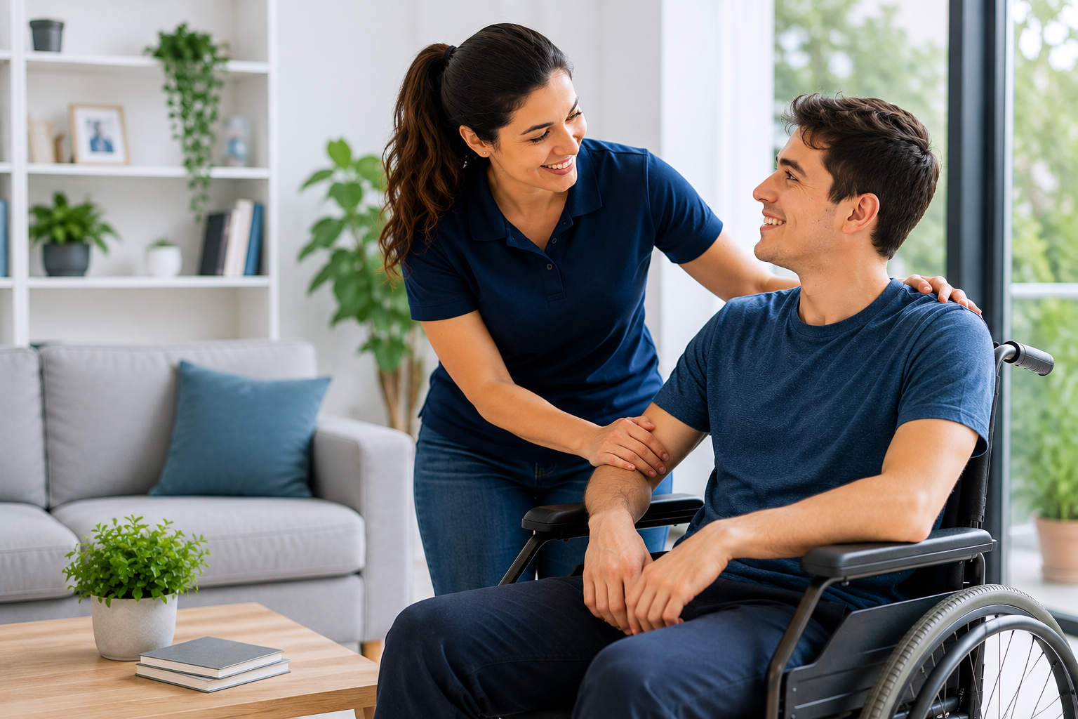 Woman smiling beside man in wheelchair in a bright living room