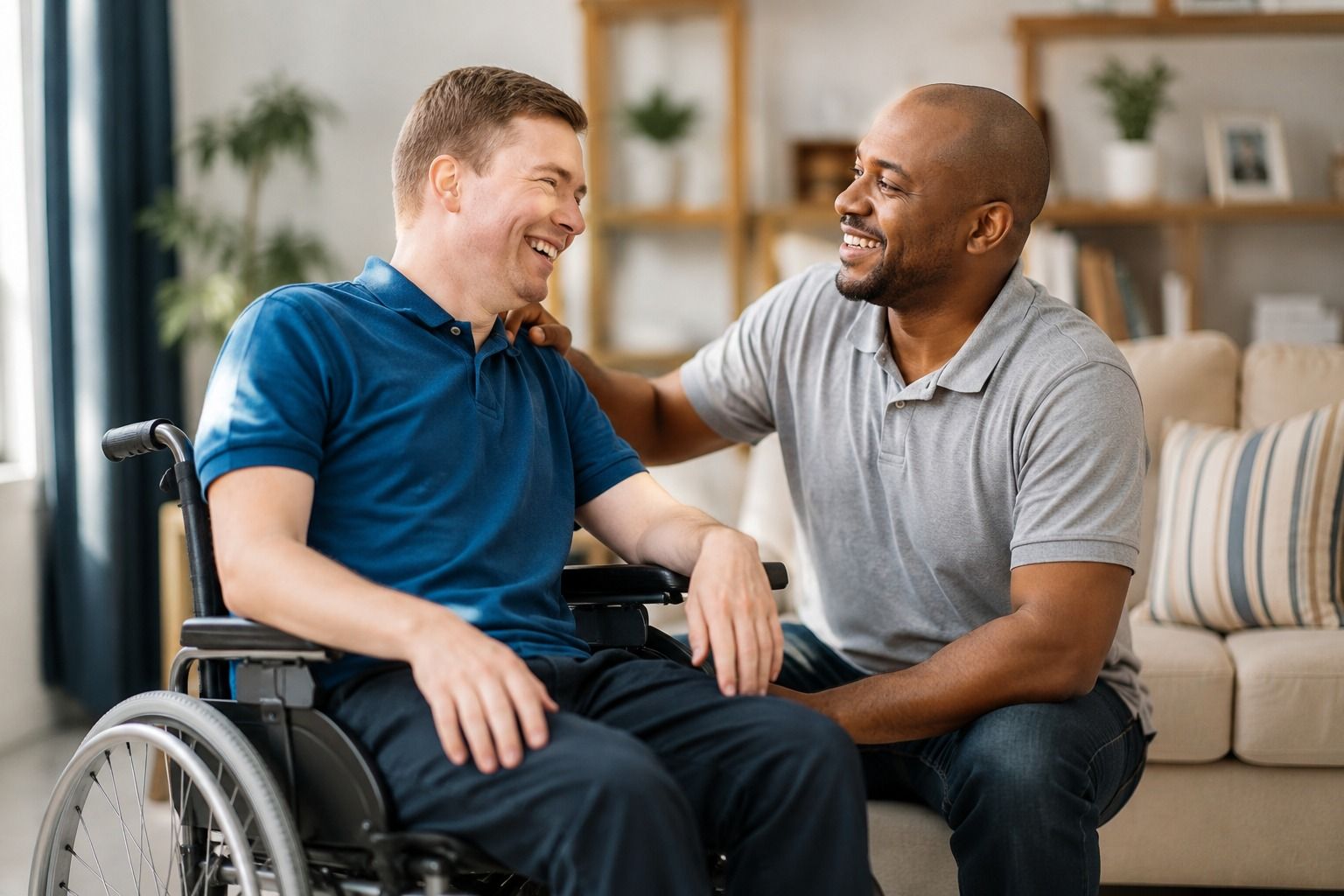 Two smiling men chatting on a couch, one in a wheelchair, in a bright living room