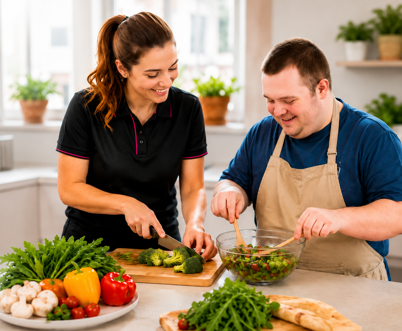 Two people chopping vegetables together in a bright kitchen, smiling beside fresh produce.