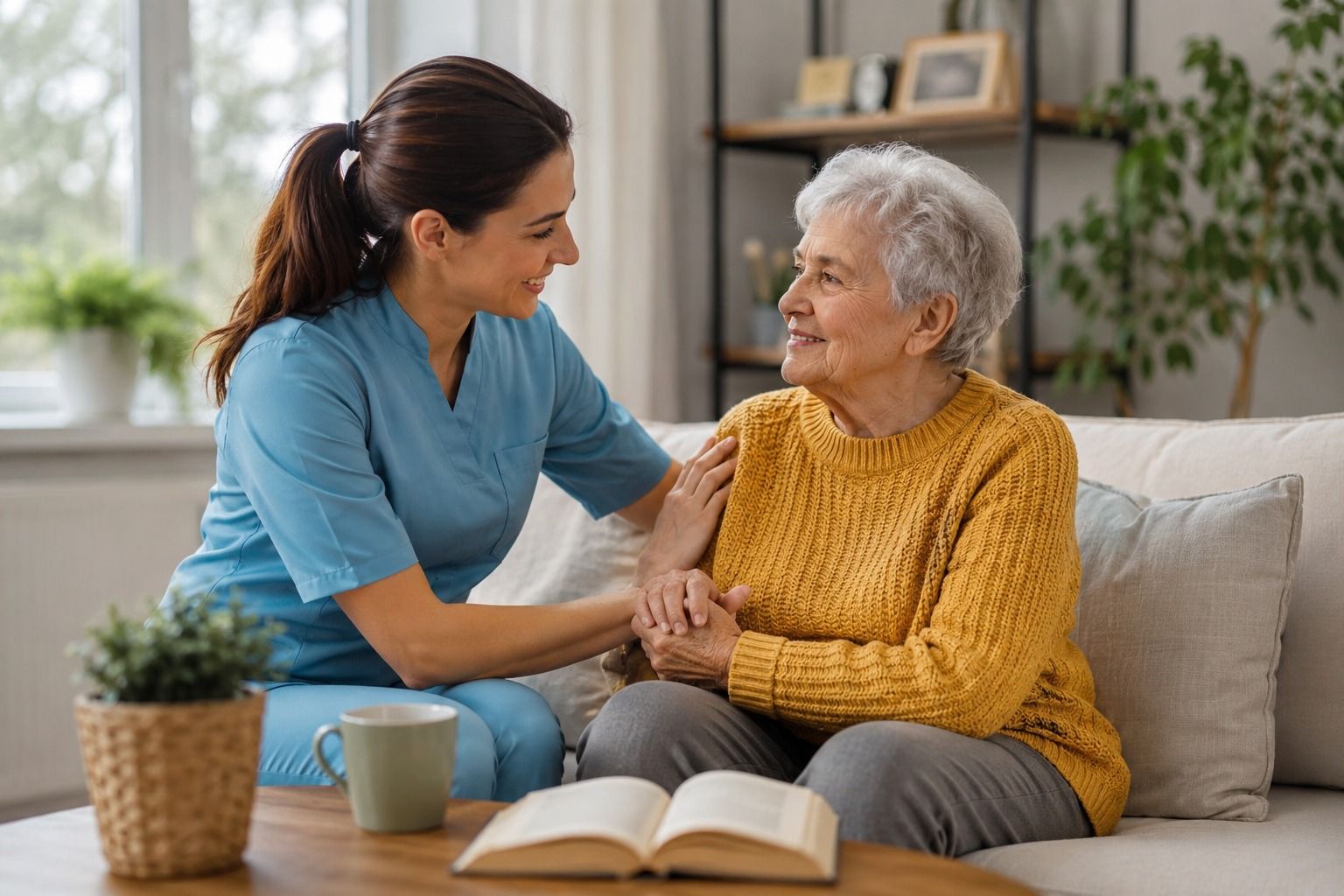 Caregiver comforting an elderly woman on a couch, with an open book and mug nearby
