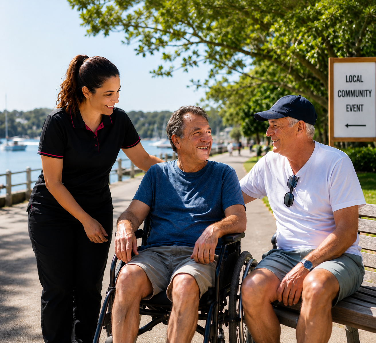 Three people chatting by a waterfront bench near a local community event sign.