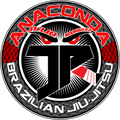 a logo for anaconda brazilian jiu-jitsu with a red eye