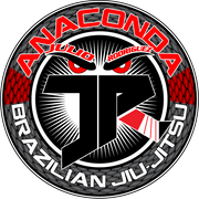 a logo for anaconda brazilian jiu-jitsu with a red eye