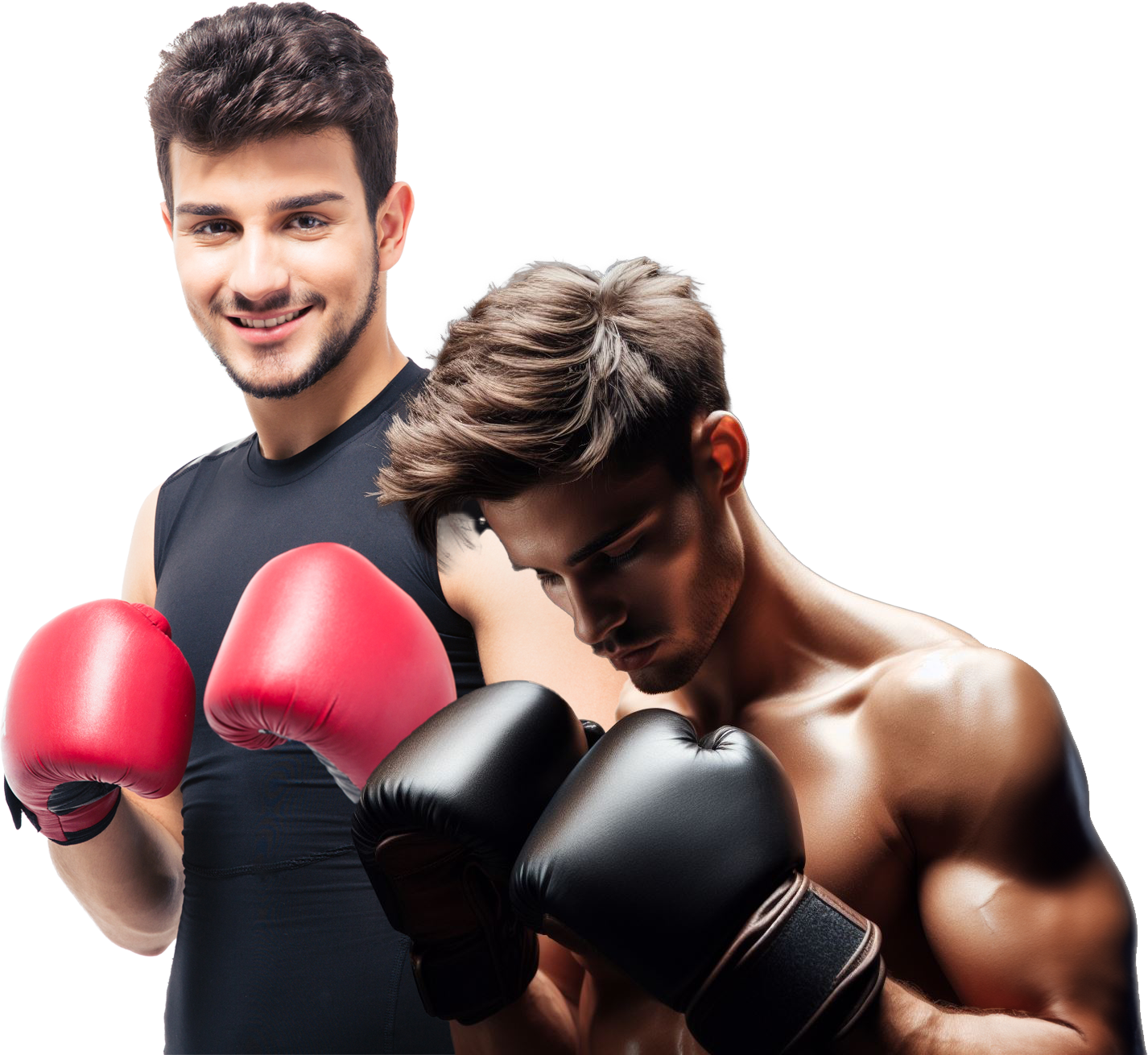 Two men wearing boxing gloves are standing next to each other.