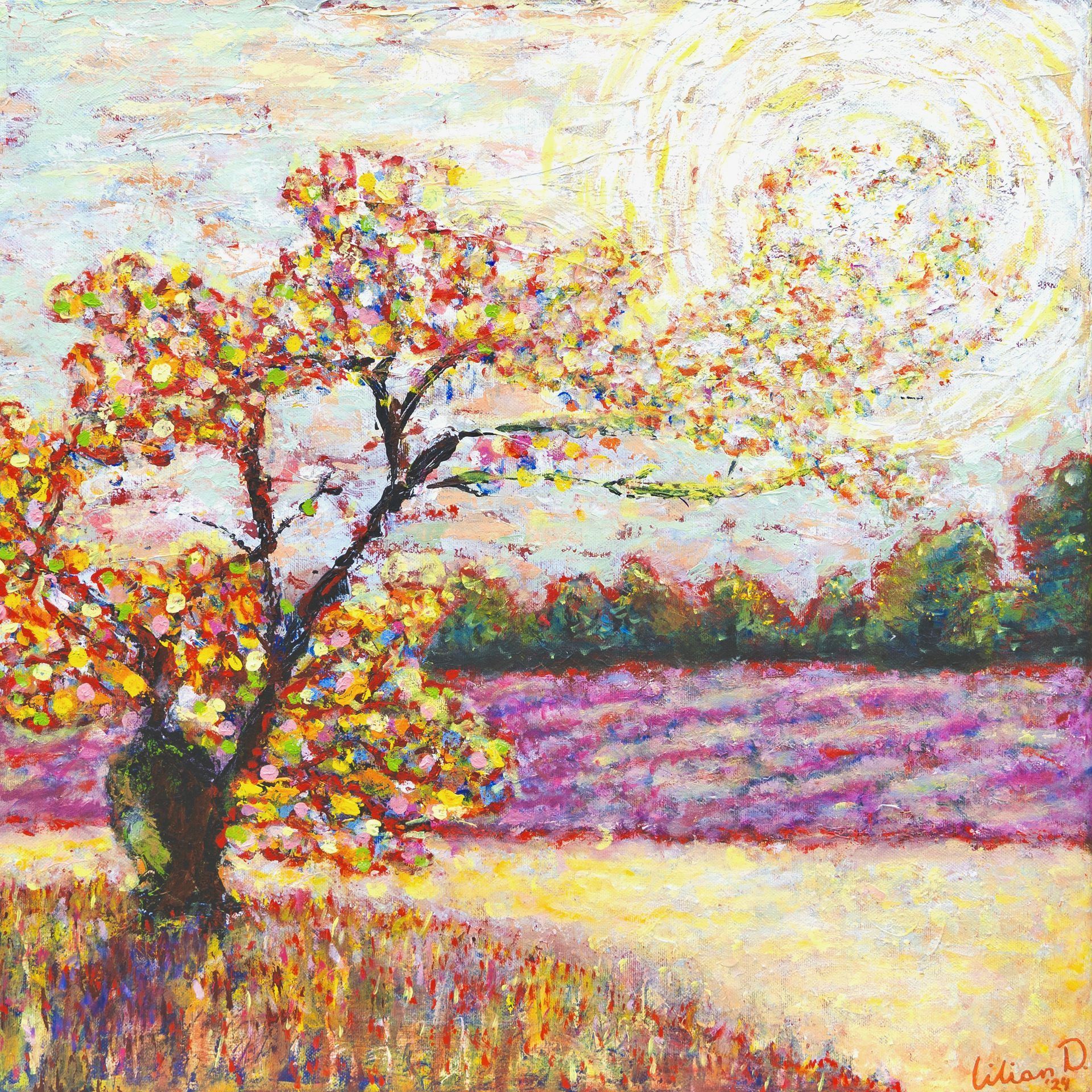 Een kleurrijk schilderij van een boom in een veld