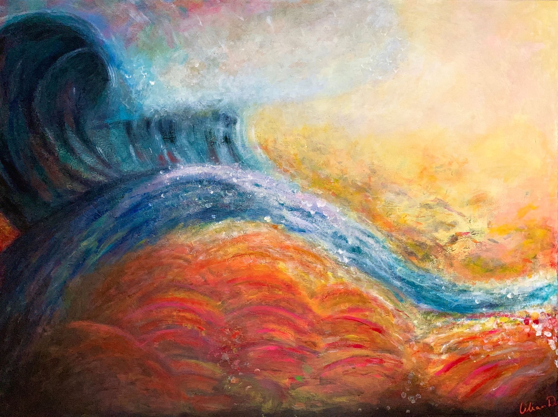 Een schilderij van een vloedgolf en stroom water in blauwe, rode, oranje en gele tinten, gesigneerd door kunstenares Lilian Dijkhuis