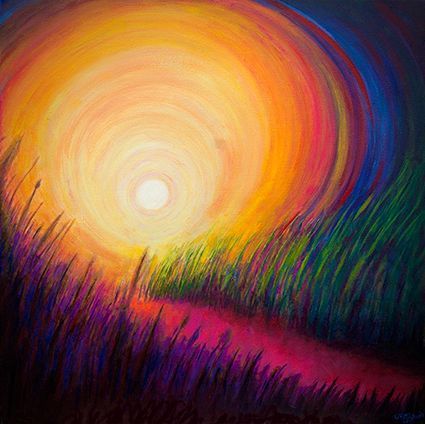 Een kleurrijk schilderij van een zonsondergang boven een veld met hoog gras, gesigneerd door kunstenares Lilian Dijkhuis