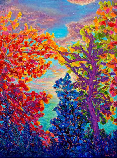 Een kleurrijk schilderij met natuur. Het heeft bomen met een blauwe lucht, wolken en een zee op de achtergrond. gesigneerd door kunstenares Lilian Dijkhuis