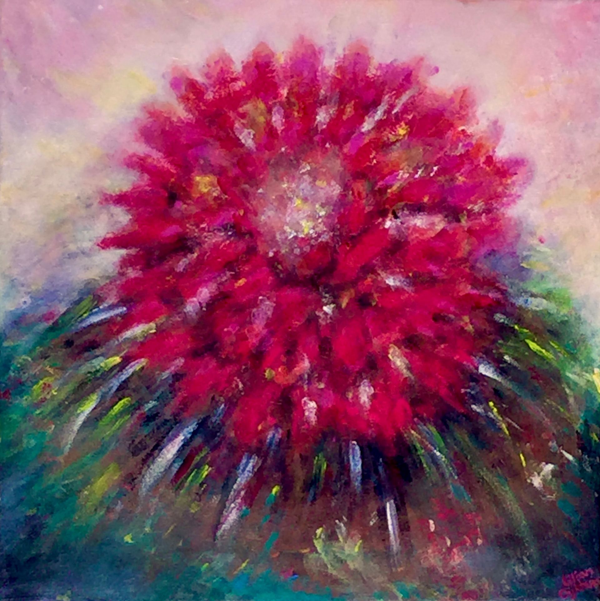 Een schilderij van een rode bloem met een roze achtergrond, gesigneerd door kunstenares Lilian Dijkhuis