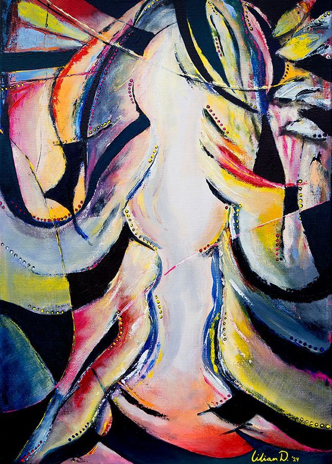Een kleurrijk abstract schilderij van een vrouwfiguur van licht met daaromheen zwarte en gekleurde vlakken, gesigneerd door kunstenares Lilian Dijkhuis