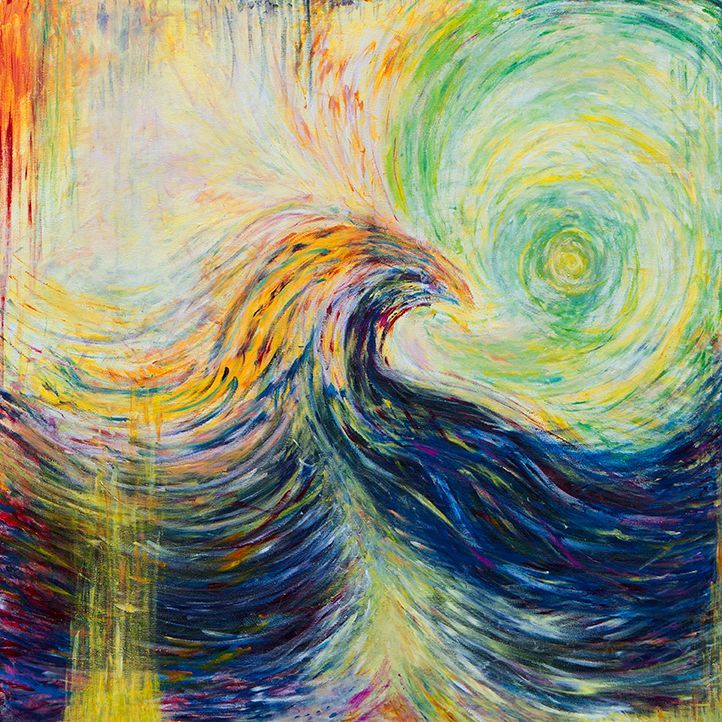 Een kleurrijk schilderij diverse bewegende stromingen in hoofdzakelijk, gele, groene en blauwtinten, gesigneerd door Lilian Dijkhuis