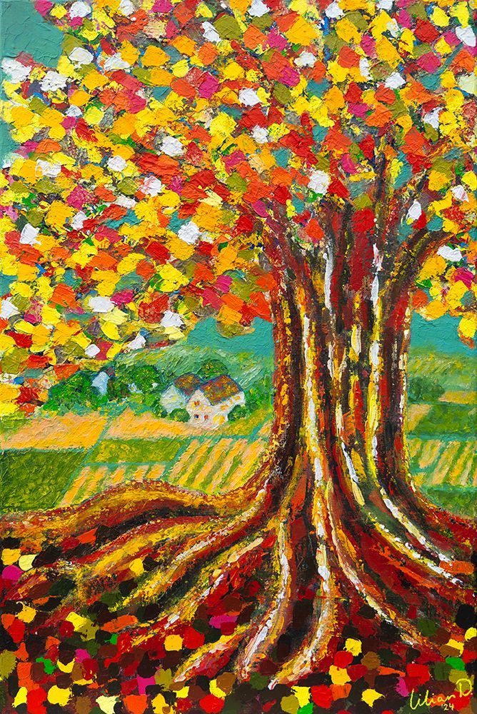 Een kleurrijk schilderij van een boom en een landschap met een huis op de achtergrond. gesigneerd door kunstenares Lilian Dijkhuis