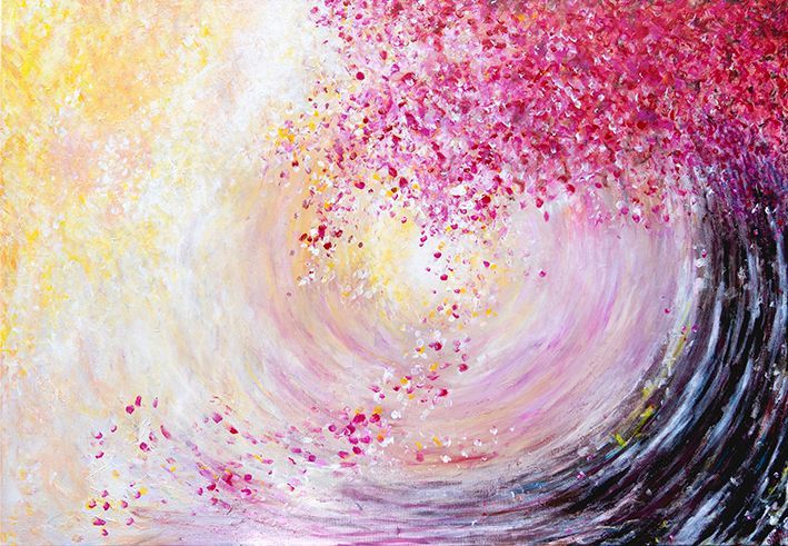 Een fantasie schilderij van een boom met roze bloem- of bloesemblaadjes en een waterige zon. Gesigneerd door kunstenares Lilian Dijkhuis