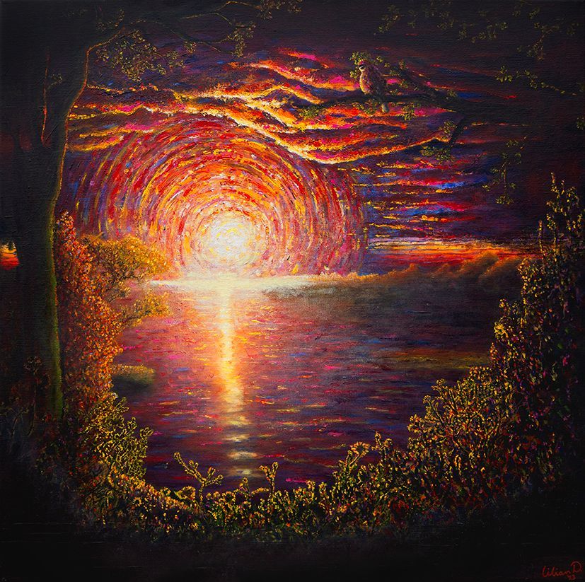 Een schilderij van de ondergaande zon boven het water omlijst dor natuur; bomen en bosschage met bloemen en een vogel. gesigneerd door kunstenares Lilian Dijkhuis