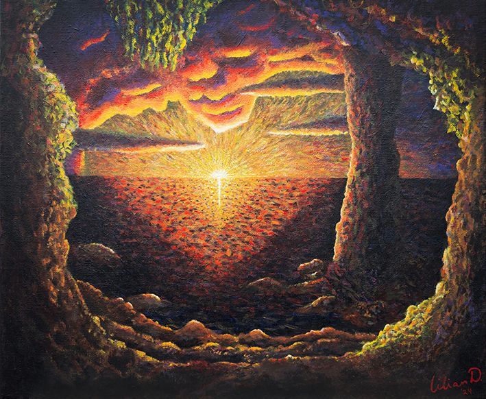 Een schilderij met goudachtige tinten van een zonsondergang boven het water vanuit een grot, gesigneerd door kunstenares Lilian Dijkhuis