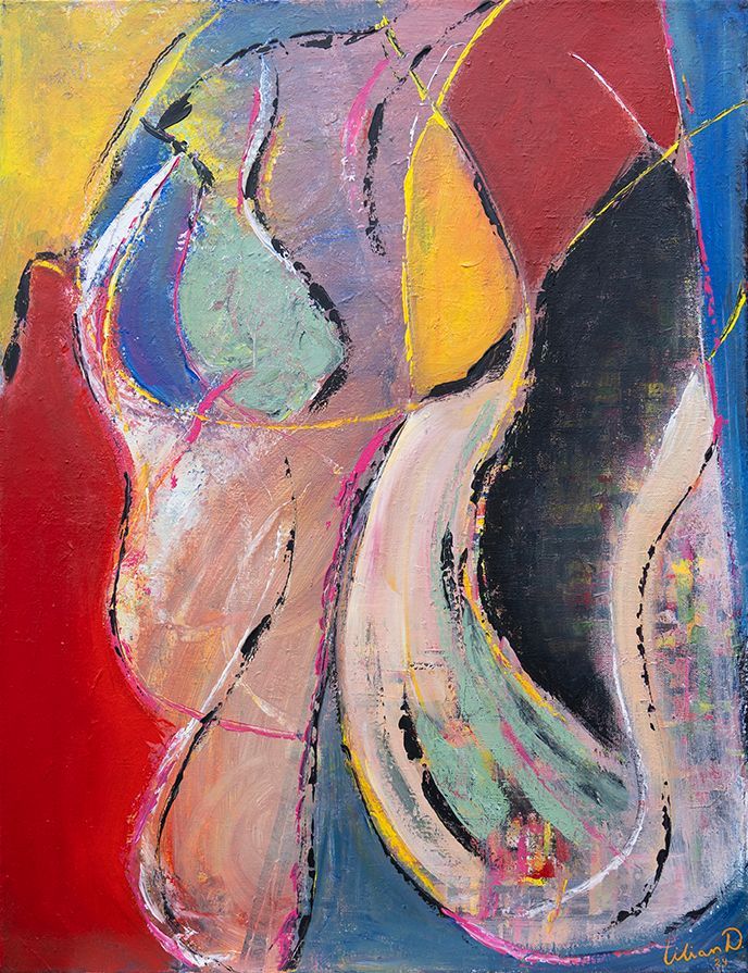 Een abstract schilderij met organische vormen en vlakken in diverse kleuren, gesigneerd door kunstenares Lilian Dijkhuis