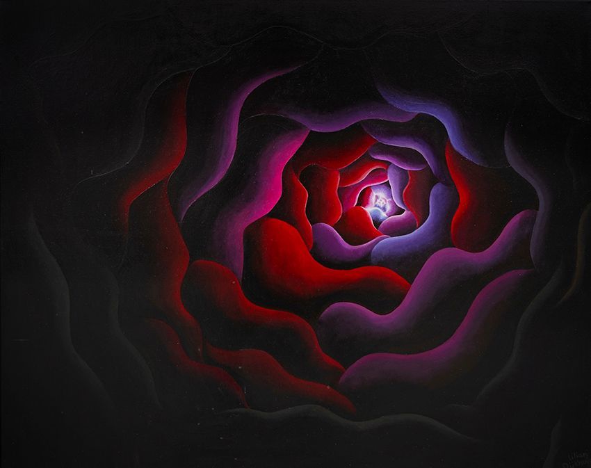 Een schilderij van een lichtpunt met daaromheen golvende rode, roze en paarse vlakken, gesigneerd door kunstenares Lilian Dijkhuis