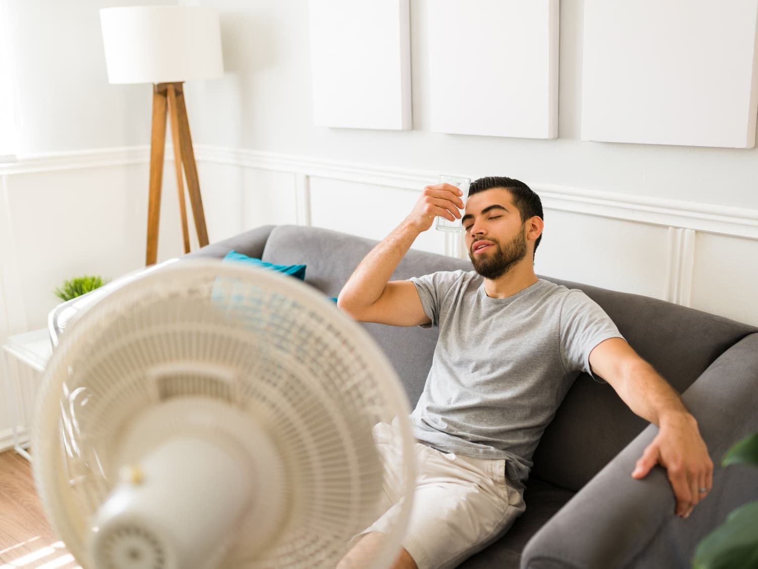 Man relaxing on a gray couch with a fan in the foreground, in a bright living room