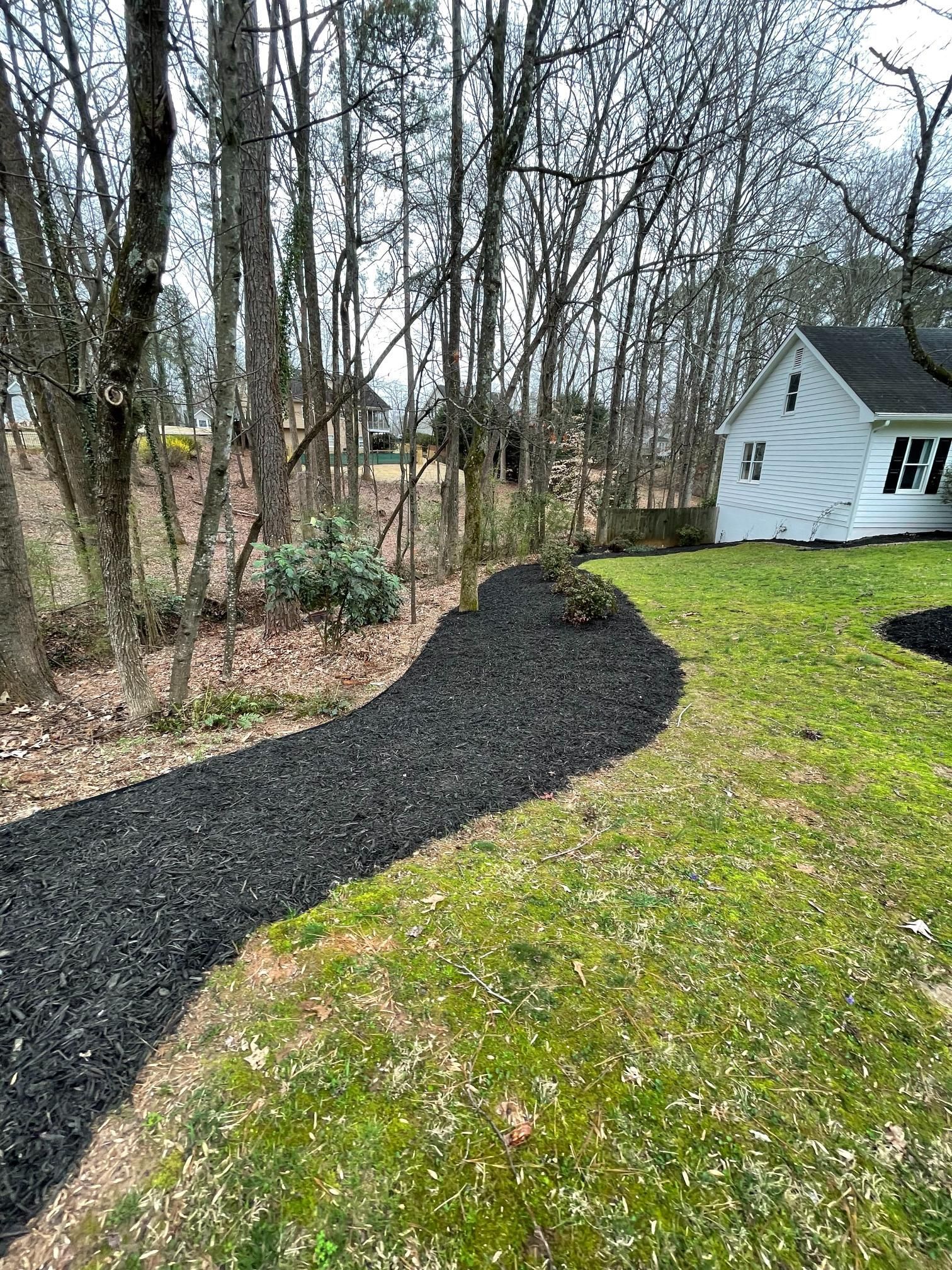 A path leading to a white house in the woods.