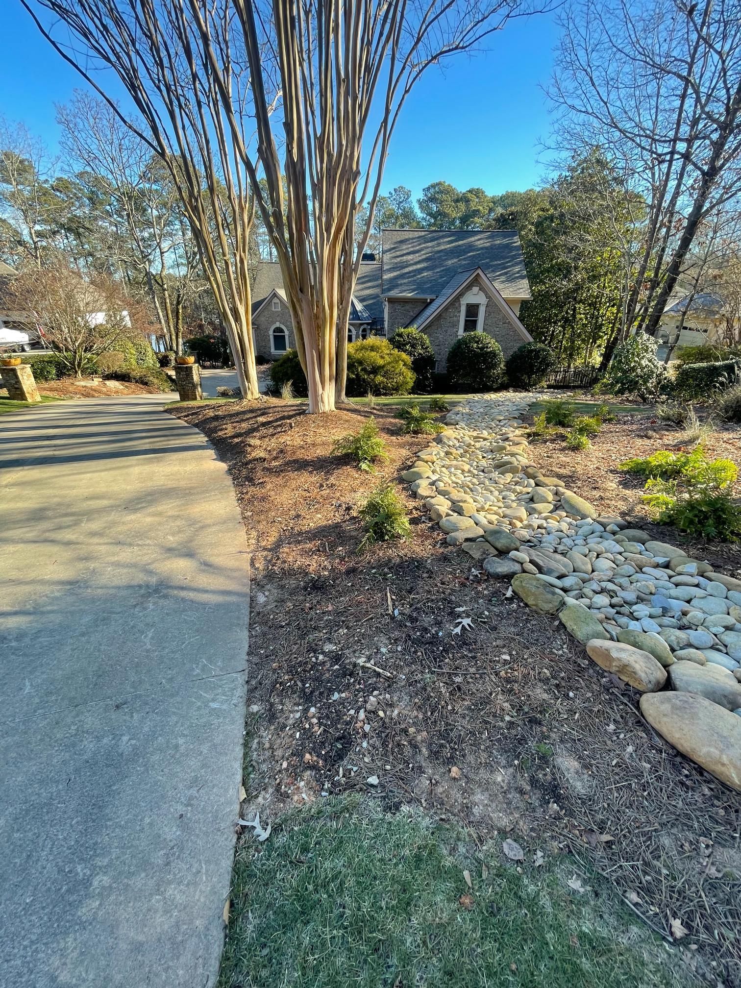 There is a path leading to a house in the background.